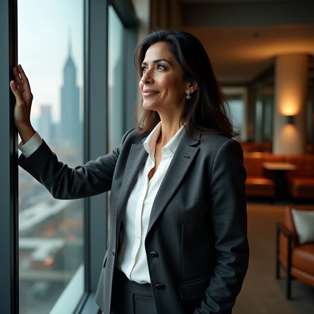 Consultant in tailored jacket standing near large window, looking thoughtful, city skyline behind
