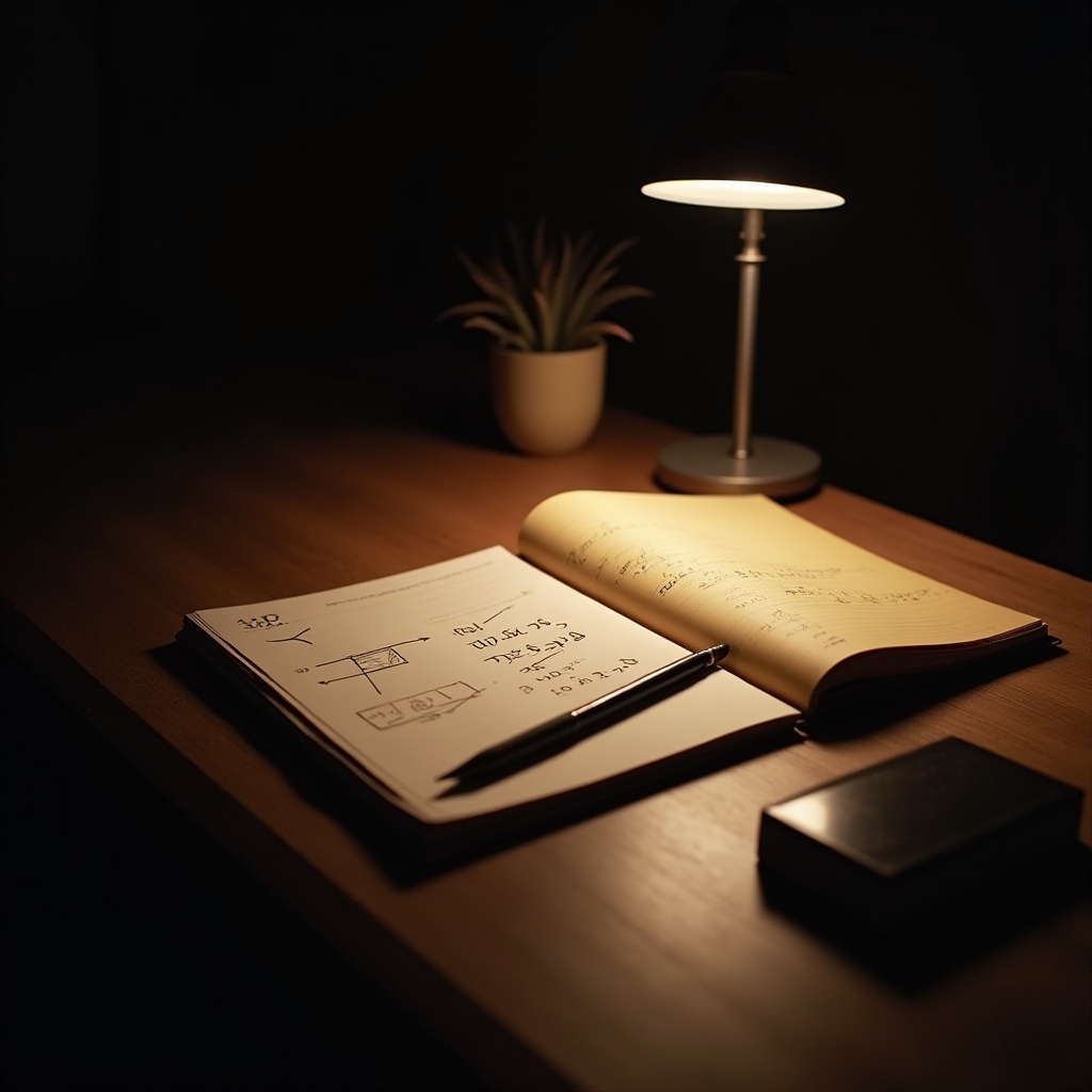 Freelancer reviewing pricing notes at a minimal desk with warm lamp light