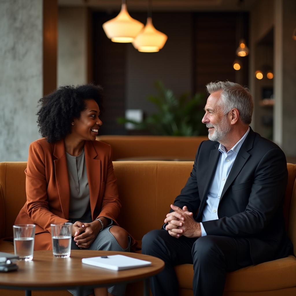 Two professionals in a modern business lounge having a relaxed conversation, warm ambient lighting, comfortable seating